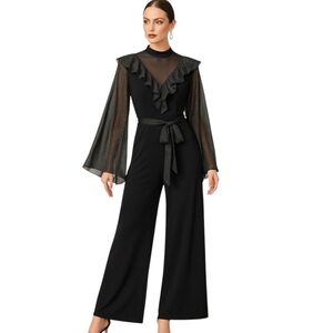 NWT Cien Black Metallic Ruffle Wide-Leg Jumpsuit Mesh Yoke Angel Sleeves Size L
